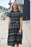 Printed black belted midi dress 