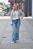 Mauve & beige checkerboard/stripe mix crop v-neck cardigan sweater