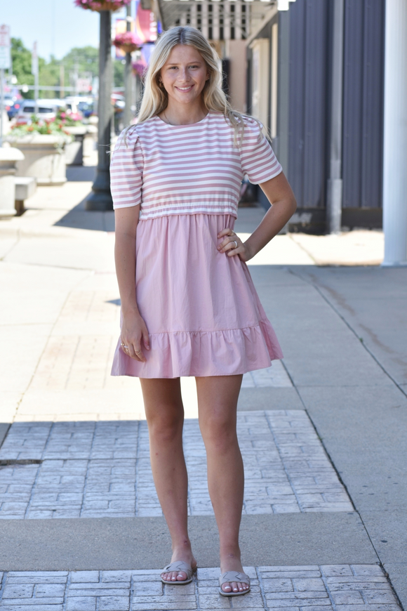 Pink striped babydoll mini dress 
