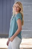 Teal v-neck blouse with pleated accent