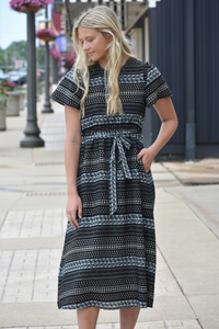 Printed black belted midi dress 