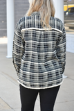 Black plaid flannel shacket with fringe edge