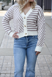 Mauve & beige checkerboard/stripe mix crop v-neck cardigan sweater