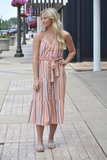 Multicolor striped midi dress with tie belt