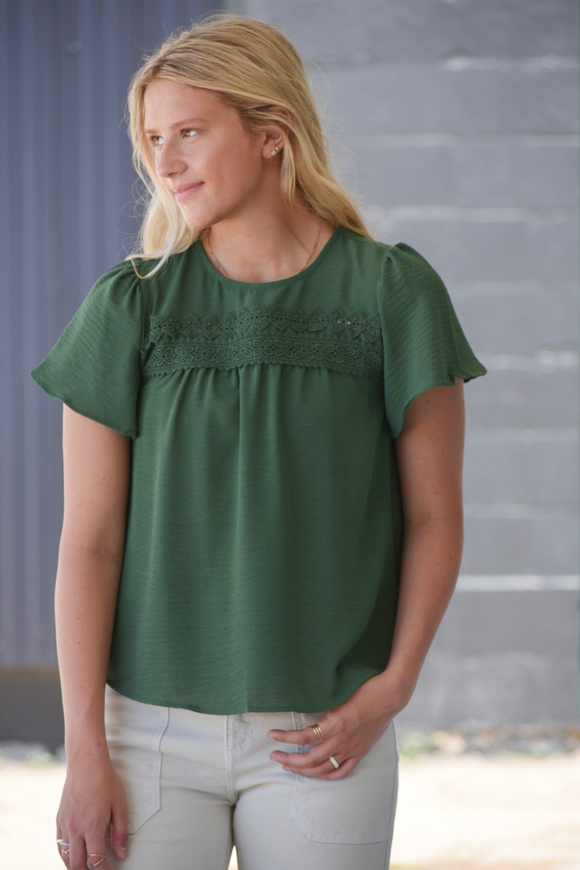 Green lace trim short sleeve blouse 