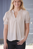 Champagne blouse with puff sleeves and v-neck