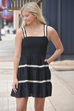 Black mini dress with ivory crochet trim