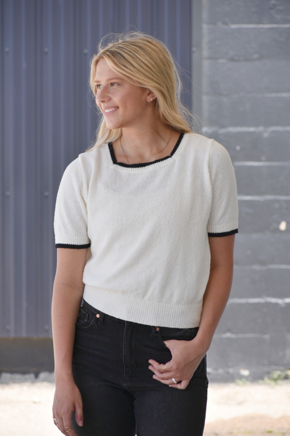 Ivory/Black sweater top with square neckline