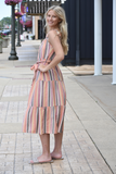 Multicolor striped midi dress with tie belt