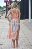 Multicolor striped midi dress with tie belt