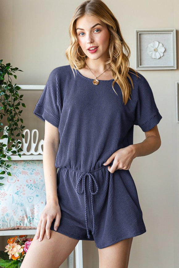 Navy short sleeve ribbed romper with tie front