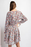 Floral print long-sleeve tiered skirt mini dress with v-neck