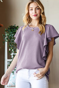 Dusty lavender ribbed ruffle sleeve top