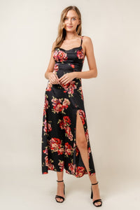 Floral print midi dress with spaghetti straps and high slit