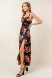 Floral print midi dress with spaghetti straps and high slit