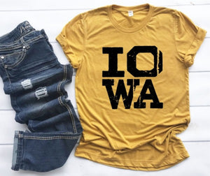 Yellow and black distressed IOWA tee